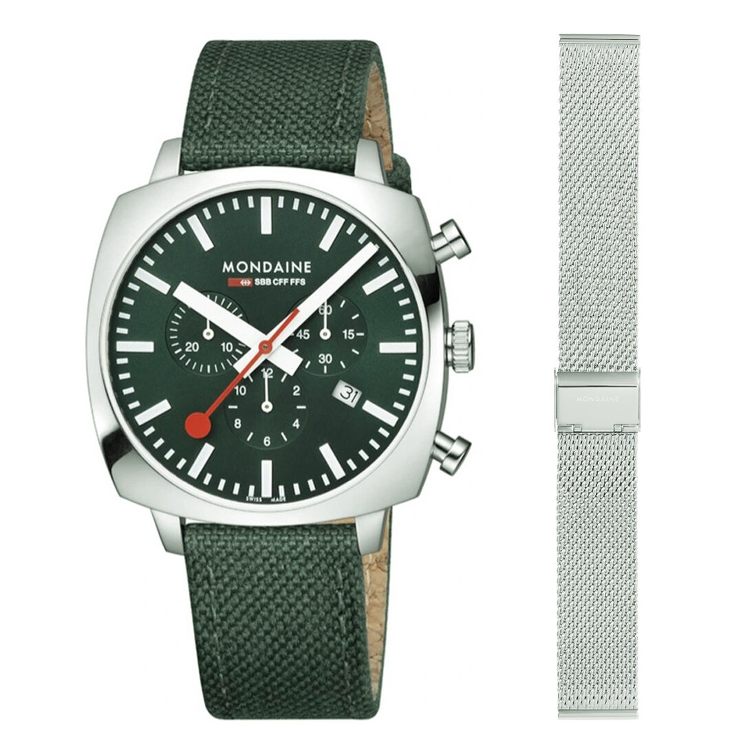 Mondaine, Cushion, 316L, Stainless, steel, Grün, MSL.41460.LF.SET, Armbanduhr, Arm, Körperteil, Person