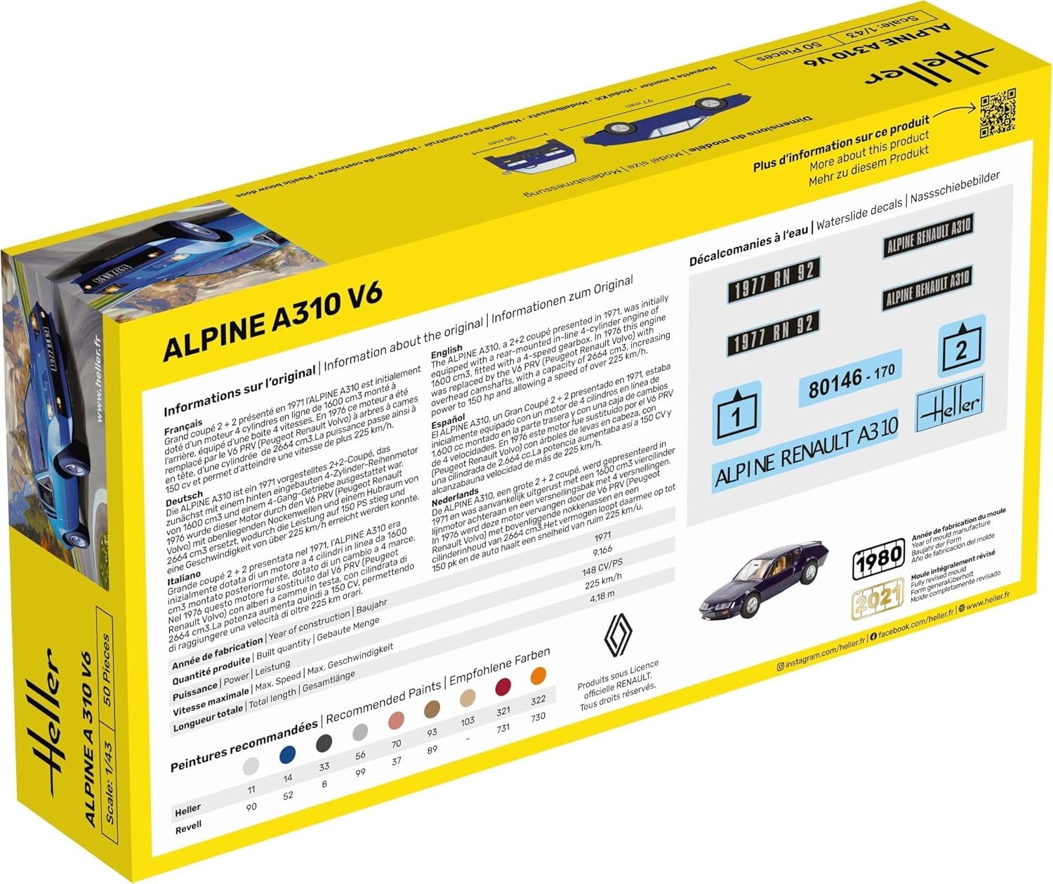 Heller Starter Kit Alpine A310 V6 1:43 Bausatz mit Pinsel, Farbe und Kleber, modellierfreundlich, Detailmaßstab 97×38 mm, ab ca. 15 Jahren, Adapter, Elektronik, Auto, Transport, Fahrzeug