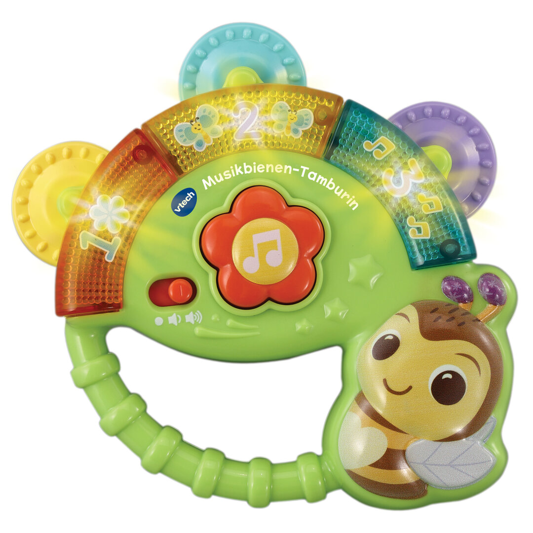 VTech Musikbienen-Tamburin aus mehrfarbigem Kunststoff, Bewegungssensor, leuchtende Lichter, Mitte-Blumentaste mit Liedern & Zahlenkommentaren, 3 Lieder & 10 Melodien, kindersicher, ab 3 Monaten, Spielzeug, Rassel