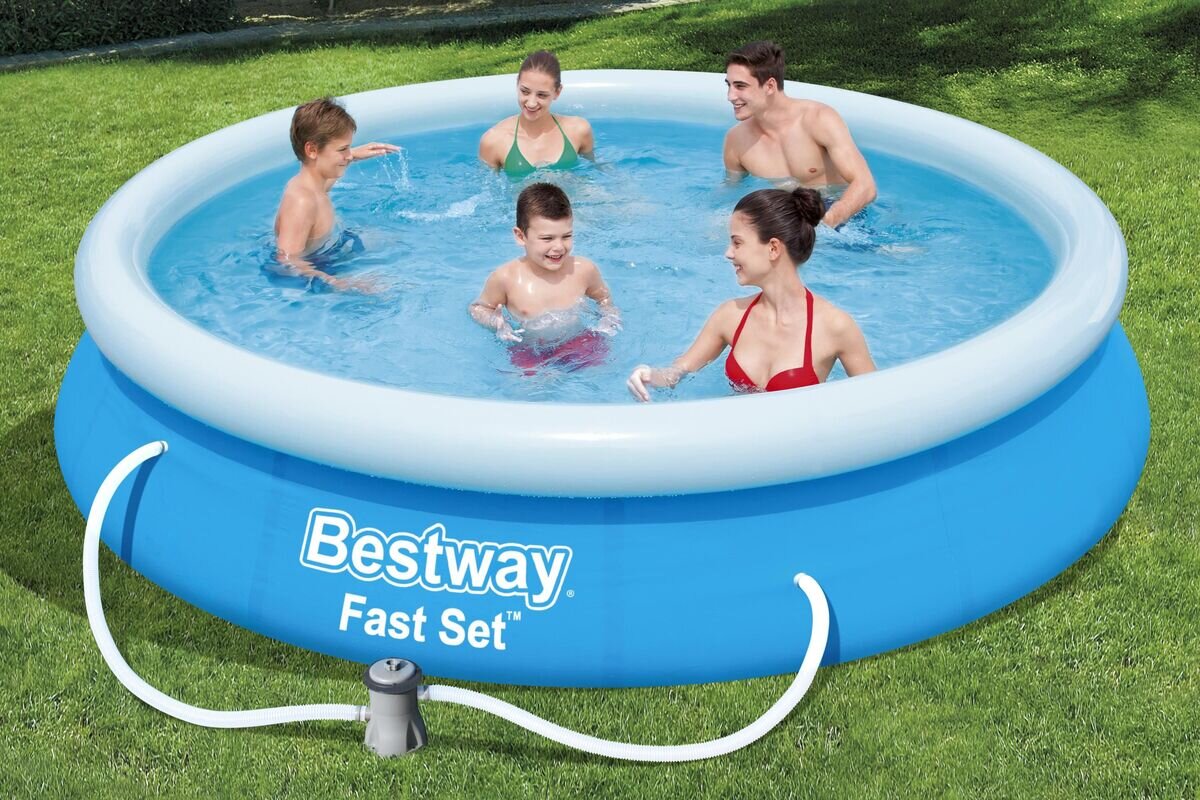 Fast, Set, Pool-Set, rund, mit, Filterpumpe, 366, x, 76, cm, Person, Schwimmen, Wasser, Gras, Schwimmbad, Person, Schwimmen, Wasser, Gras, Schwimmbad, Person, Schwimmen, Wasser, Gras, Schwimmbad