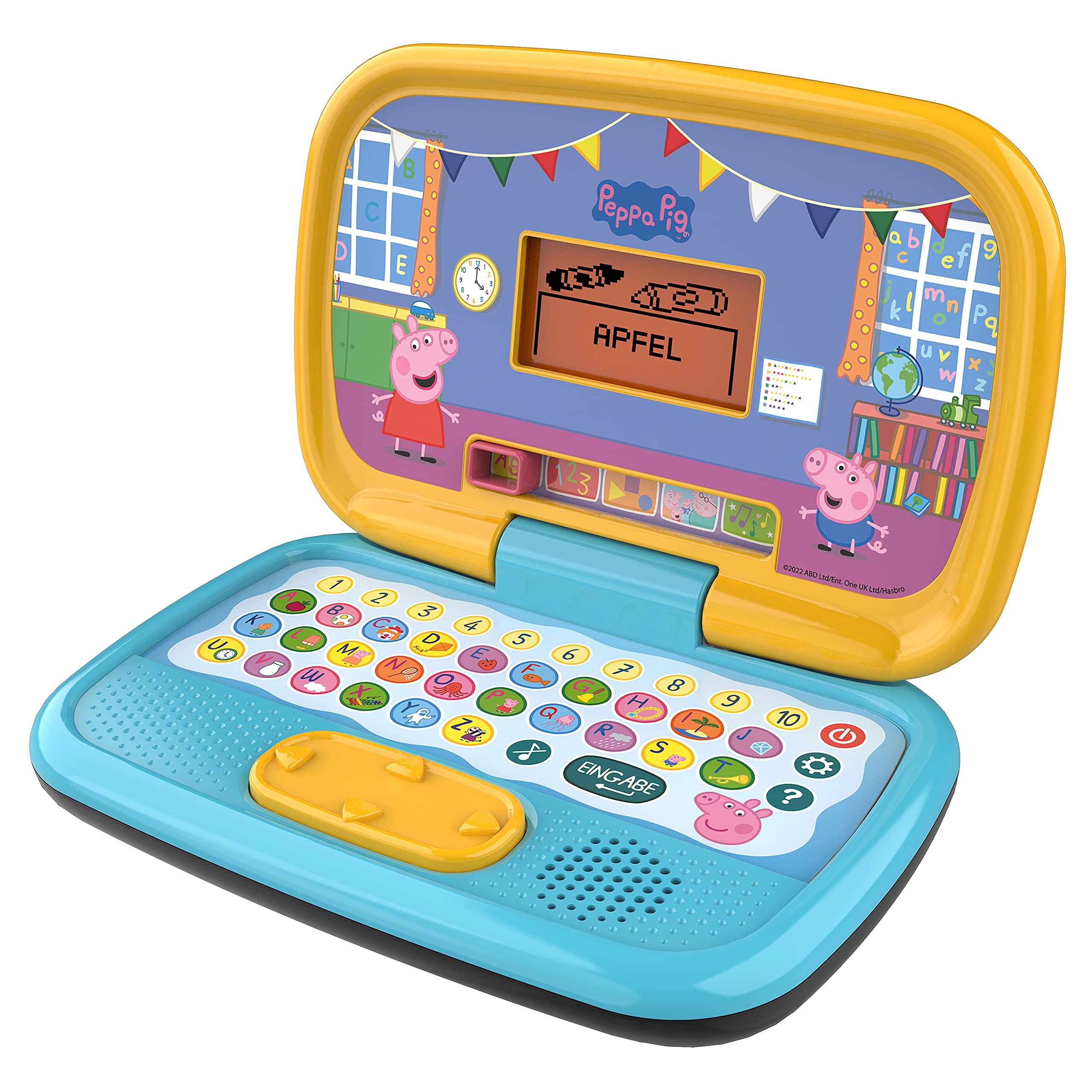 VTech Peppas Lernlaptop interaktiver Kinder-Laptop ab 3 Jahren VTech Peppas Lernlaptop aus Kunststoff mit ABC-Tastatur, 10 Zahlentasten, 5 Spielmodalitäten Buchstaben, Zahlen, Logik, Musik, Originalstimme von Peppa, kindersicher ab 3 J., Bleistift-Box