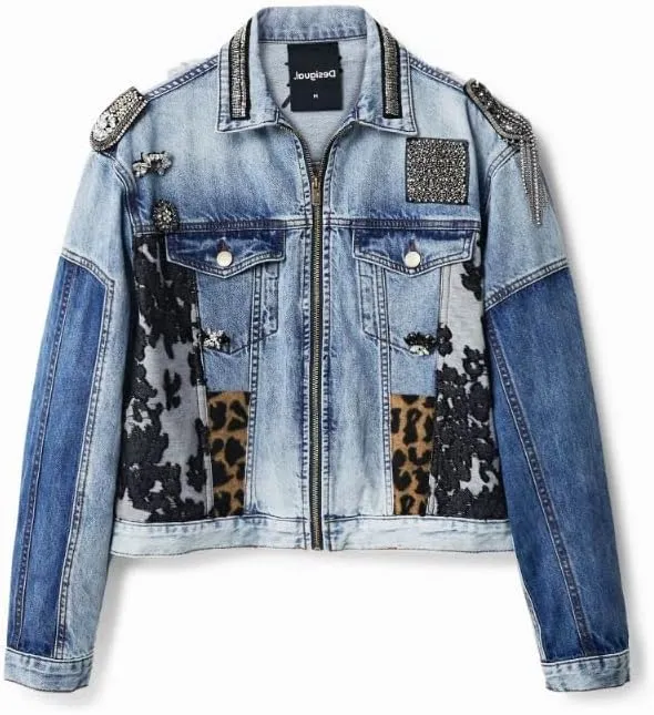 Desigual Damen Jacke - Blau, Denim mit Pailletten und Animal-Print 22WWED085005 GR. S