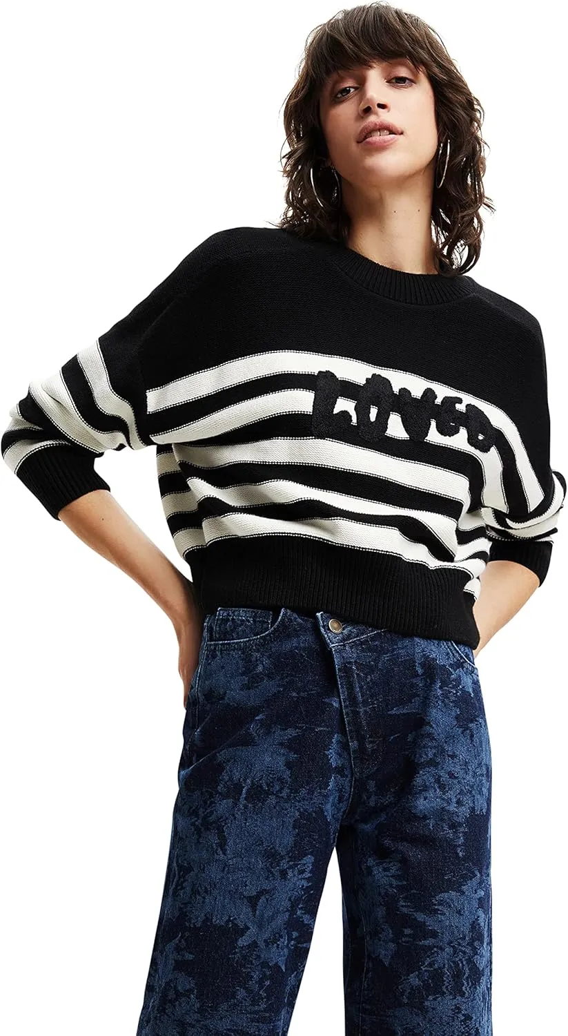 Desigual Damen Pullover - Gestreifter Strickpullover mit „Loved“ Schriftzug 22WWJF262000 GR. M