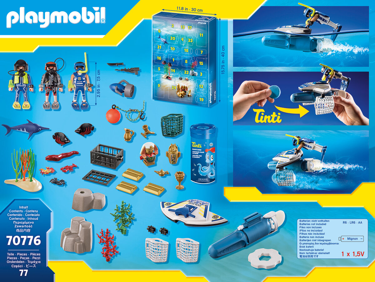 PLAYMOBIL 70776 "Badespaß Polizeitaucheinsatz" Adventskalender Werbung, Wasser, Plakat, Person, Hai