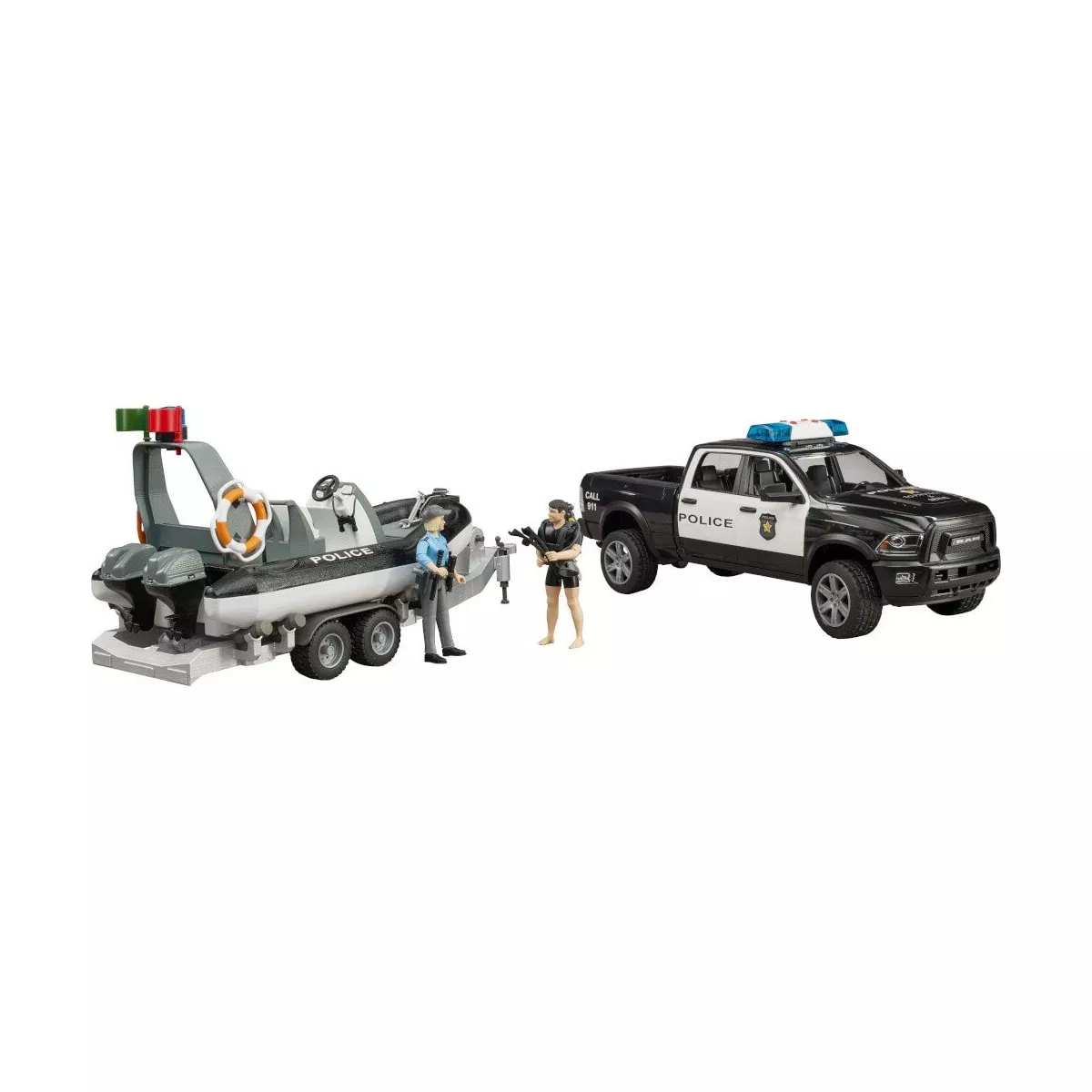 Bruder, 02507, Ram, 2500, Polizei, Pickup, Mit, L, +, S, Modul, Anhänger, Boot, Und, 2, Figuren