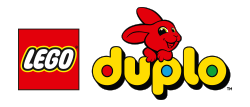 LEGO Duplo Logo – gelbes „duplo“-Schriftzug mit rotem Hasenmotiv darüber, Dynamit, Waffe, Dynamit, Waffe