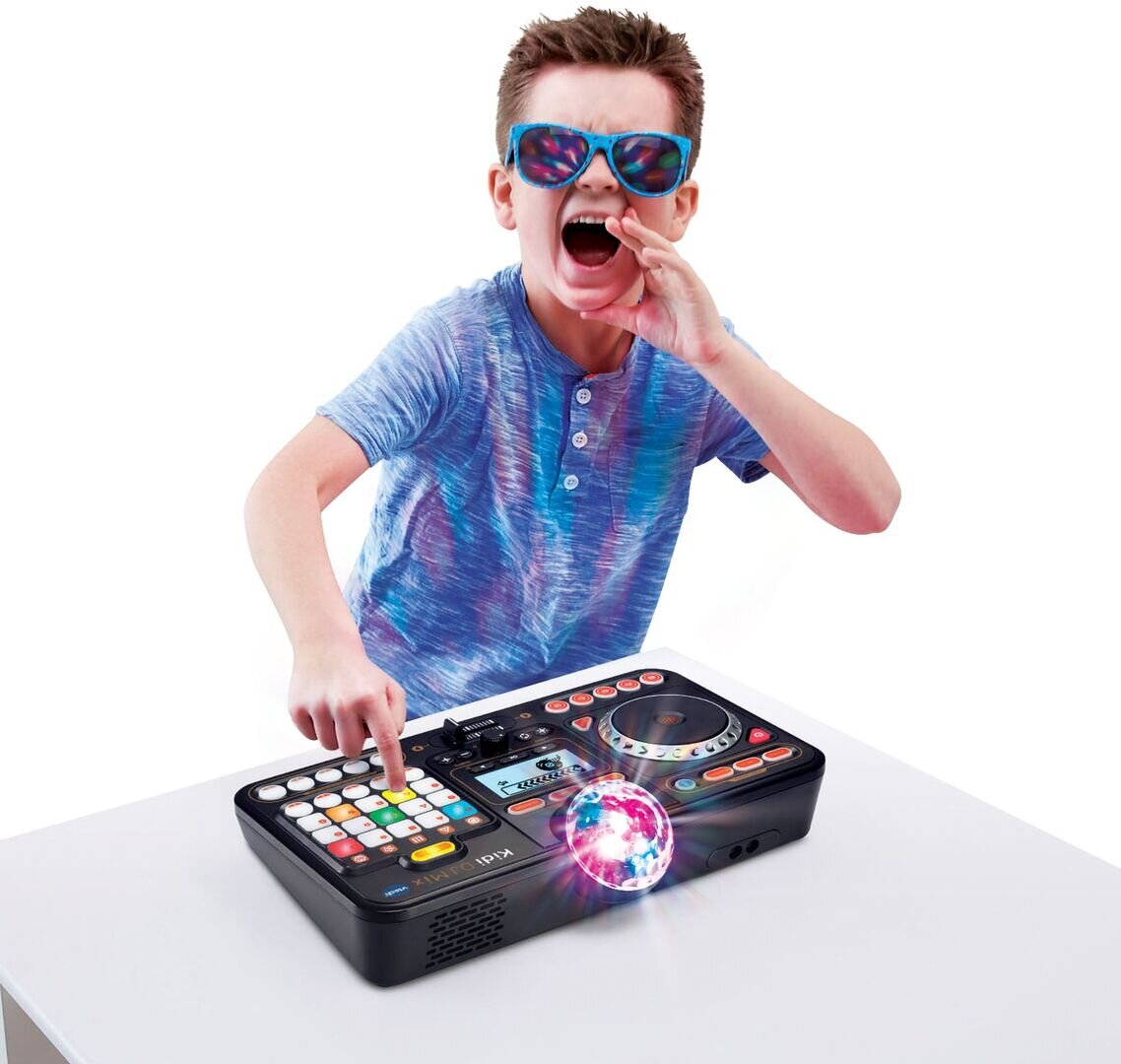 VTech Kidi DJ Mix Spielkonsole in Schwarz/Multicolor aus Kunststoff mit Jog-Wheel, LED-Sound-Pad, Crossfader, Mikrofon, Bluetooth, Disco-Licht & 15 Melodien, ab 6 J.,