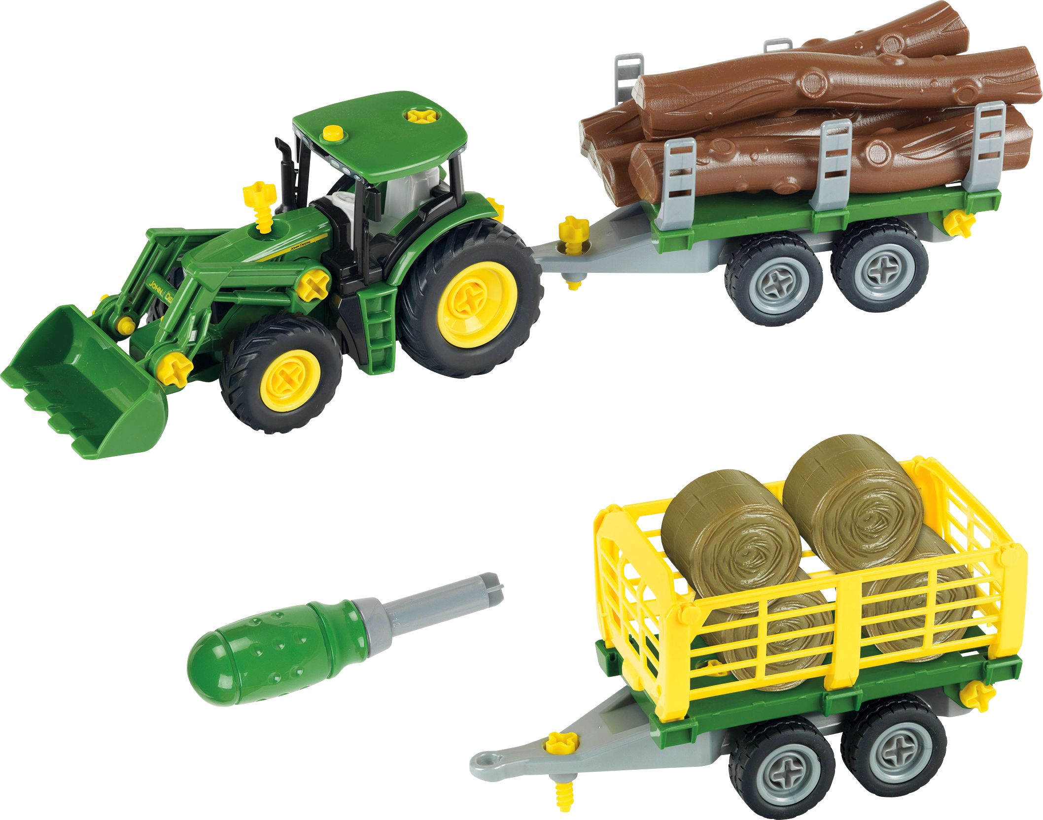 Theo, Klein, John, Deere, Traktor, mit, Holz, und, Heuwagen, Planierraupe, Maschine
