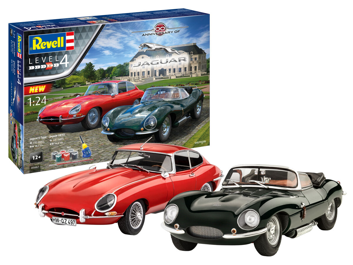 Revell, 5667, Geschenkset, Jaguar, 100th, Anniversary, Revell, Modellbausatz, mit, Basiszubehör, Auto, Coupe, Leichtmetallfelge, Speiche, Rad