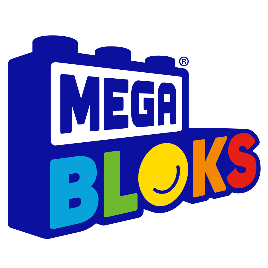 Mega Bloks Logo – rot-weißer Schriftzug „MEGA BLOKS“ auf blauem rechteckigem Hintergrund