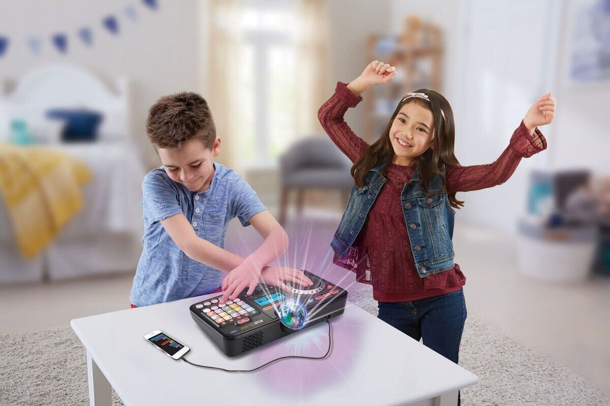 VTech Kidi DJ Mix Spielkonsole in Schwarz/Multicolor aus Kunststoff mit Jog-Wheel, LED-Sound-Pad, Crossfader, Mikrofon, Bluetooth, Disco-Licht & 15 Melodien, ab 6 J.,