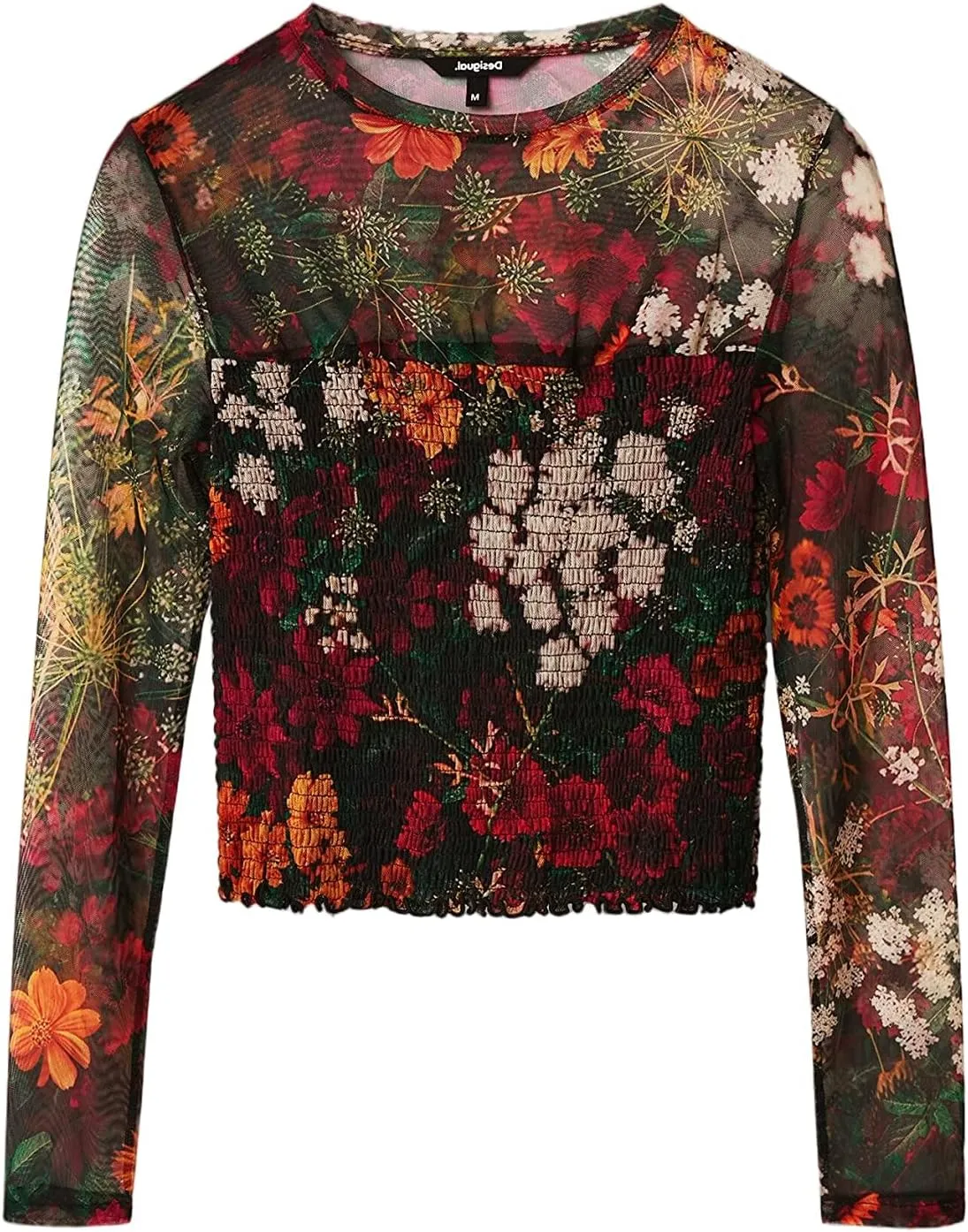 Desigual Damen Langarmshirt - Schwarzes Mesh-Shirt mit abstraktem Muster 22WWTK639019 GR. M