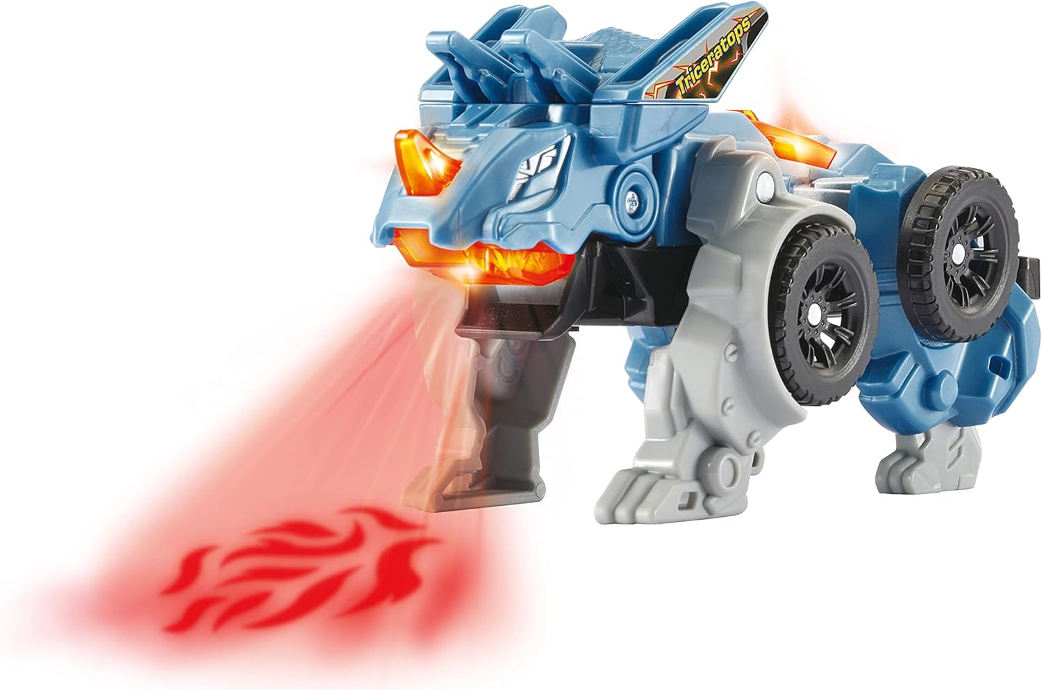 VTech Switch & Go Dinos Fire-T-Rex: transformierbarer Dino/Auto mit LCD-Animation, feuerspuckenden Lichtprojektionen Dino/Auto, Dinosaurerstimme & Soundeffekten, Lautstärkeregler, kindersicheres Batteriefach, ab 3 Jahren,
