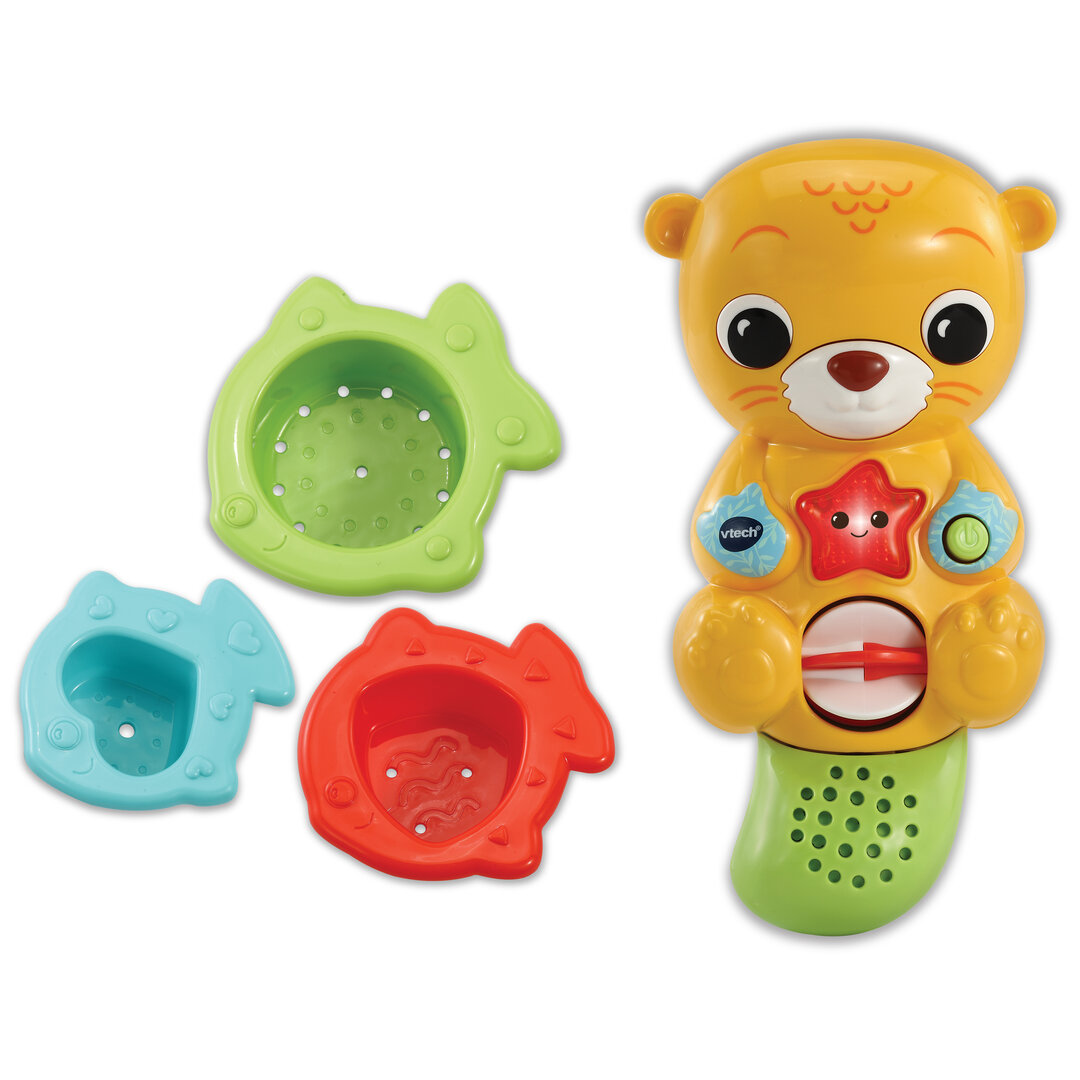 VTech Badespaß Otter aus buntem Kunststoff mit Leucht-Seestern-Taste, Wassersensor, drehbarem Rad im Bauch, 3 Fisch-Becher, 3 Lieder & 15 Melodien, wasserdichtes Batteriefach ab 1 Jahr., Drinnen, Spielzeug