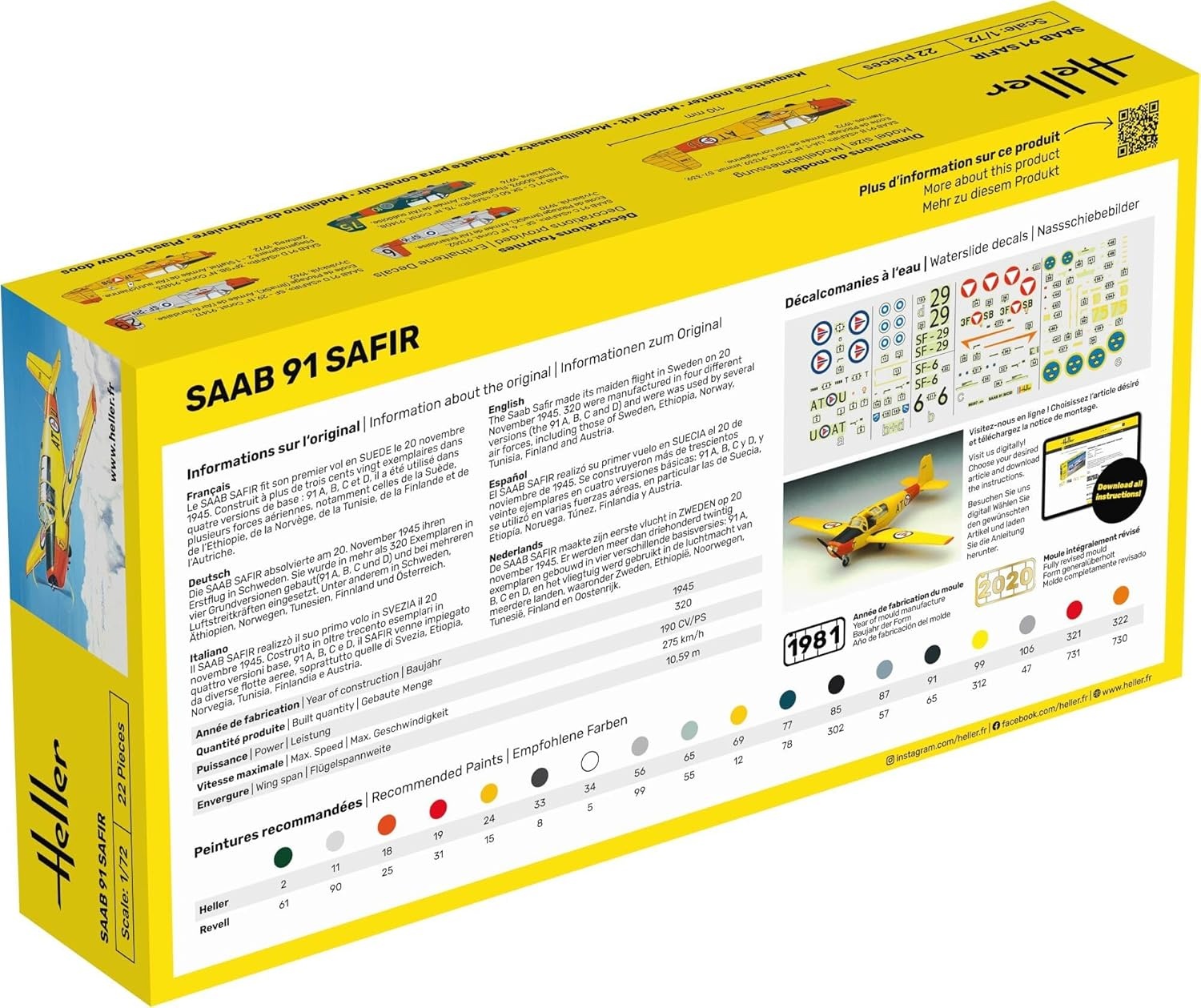 Heller Plastikmodell SAAB 91 Safir im Maßstab 1:72 Ref. 80287, detailliert, Bausatz ohne Kleber/Farbe, Verpackung ca. 23×13×5 cm, für Modellbauer ab 15 Jahren, Flugzeug, Fahrzeug, Seite, Text, Visitenkarte