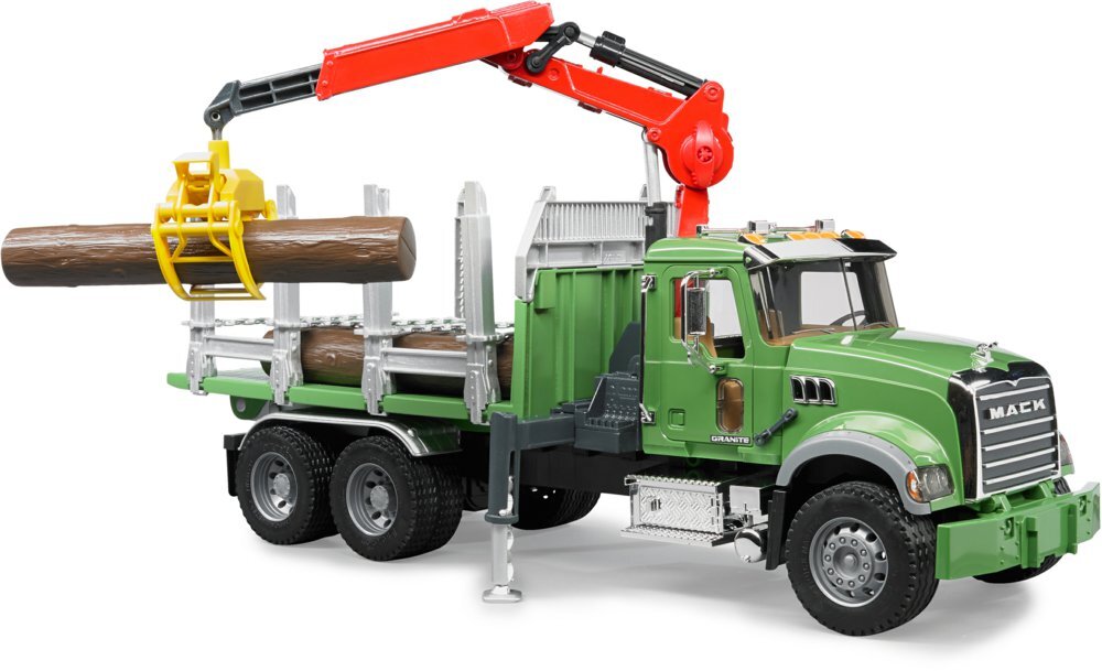 Bruder, 02824, Mack, Granite, Holztransport, Lkw, Ladekran, Greifer, +, 3, Baumstämmen, Maschine, Rad