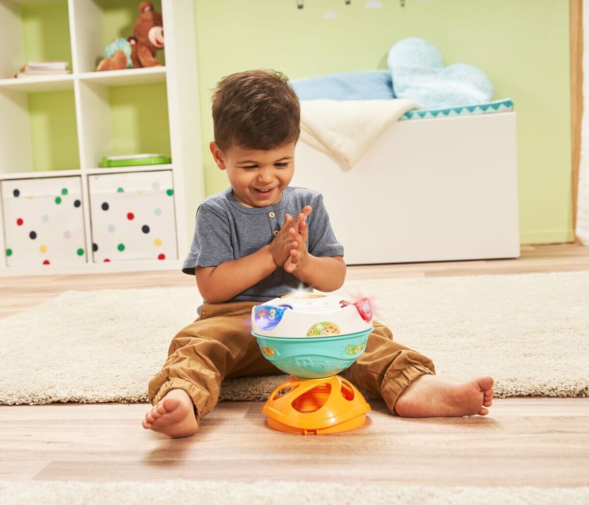 VTech 3-in-1 Magischer Musikball Spielball, Roll-Saunduhr und Trommel in einem; rollt selbst, LED-Tasten mit Sätzen, 4 Lieder & 12 Melodien, fördert Bewegung, Zahlen & Farben, ab 9-36 Monaten,