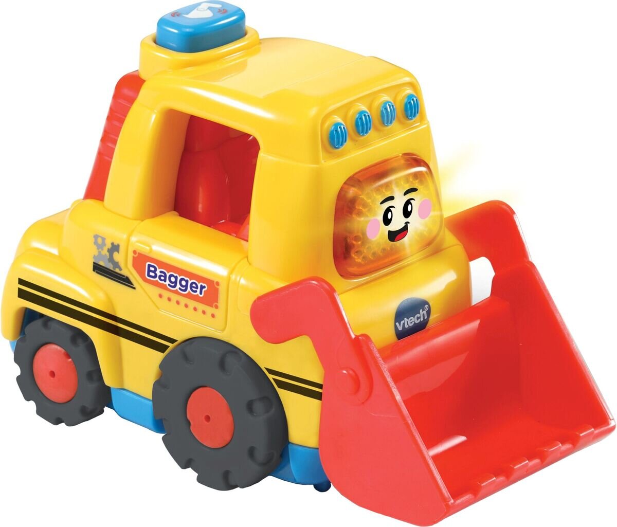 VTech Tut Tut Baby Flitzer Bagger gelb/rot, spricht fröhliche Sätze, leuchtende Taste, 3 Lieder & 6 Melodien, reagiert auf Radbewegung und magische Sensoren, kindersicher, ab 12 Monaten,