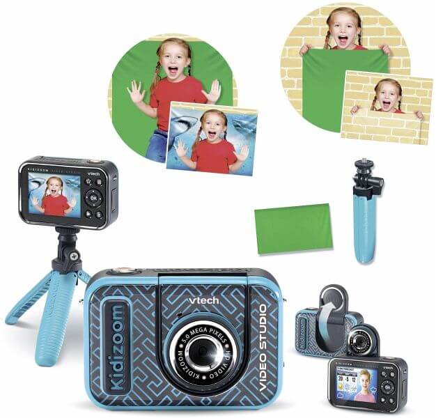 VTech KidiZoom Video Studio HD mit Selfie-Linse, Greenscreen, 3 Spielen & 20 Hintergründen, HD-Video bis 720p, 5 MP Kamera, 4× Zoom, Mini-Stativ & USB-Akku, ab 5 Jahren,