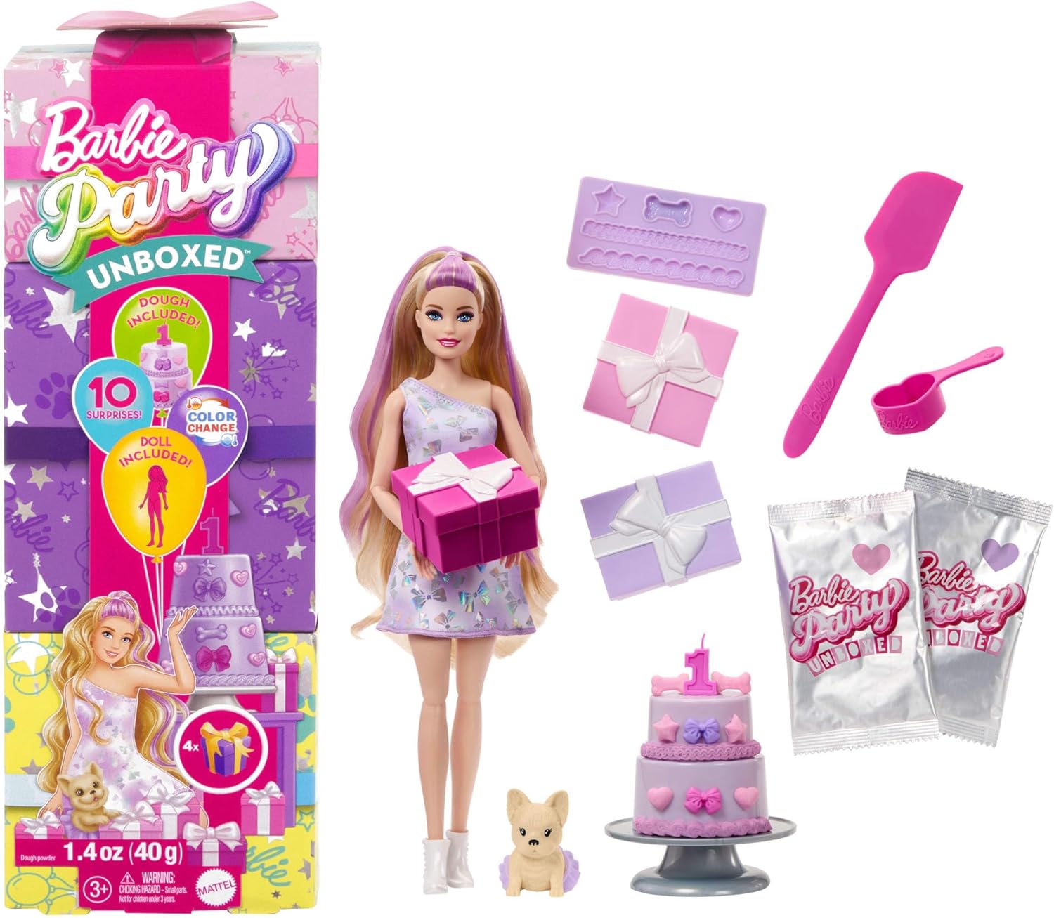 Barbie, Party, Unboxed, Haustier, Geburtstag, Serie, Lila, Kleid, &, Überraschungen, JFG70, Verpackung, Zubehör, und, Details, sichtbar
