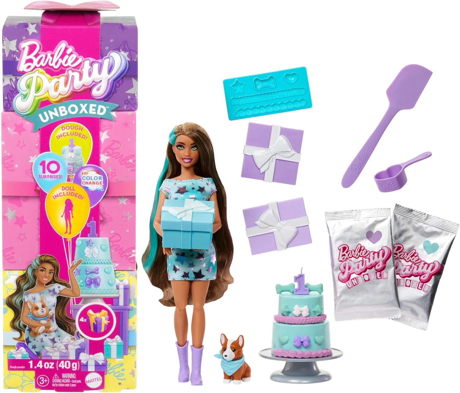 Barbie, Party, Unboxed, Haustier, Geburtstag, Serie, Blaues, Kleid, &, Überraschungen, JFG72, Verpackung, Zubehör, und, Details, sichtbar, Geburtstagstorte, Figur, Puppe, Person, Frau