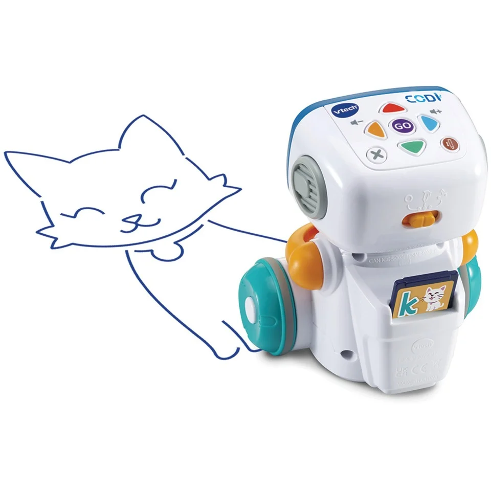 VTech Codi, der clevere Mal-Roboter aus Kunststoff -0,55 kg, 3 Modi Vorlage, Malen, Codieren, 15 Chipkarten, 99 Motive, LED-Augen, kindersicheres Batteriefach, ab 4 J.,