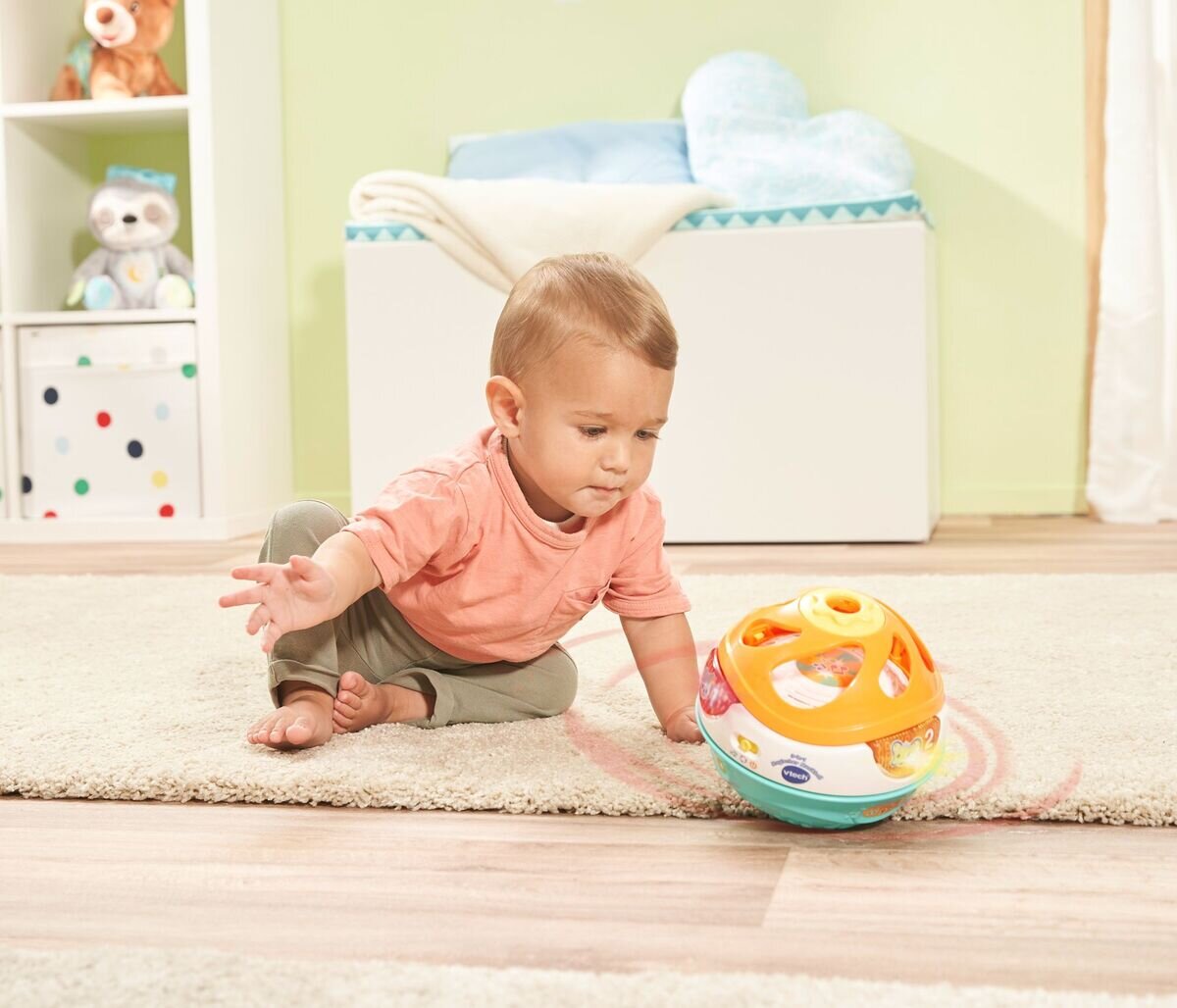 VTech 3-in-1 Magischer Musikball Spielball, Roll-Saunduhr und Trommel in einem; rollt selbst, LED-Tasten mit Sätzen, 4 Lieder & 12 Melodien, fördert Bewegung, Zahlen & Farben, ab 9-36 Monaten,