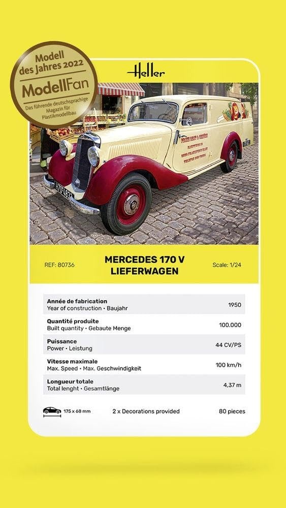 Heller Mercedes 170 V Lieferwagen Prinz Obst & Gemüse Modellbausatz im Maßstab 1:24, Bausatz ohne Kleber/Farbe, Box ca. 38×7×25 cm, für Modellbauer ab ca. 14 Jahren, Werbung, Plakat, Auto, Person, Schuh, Werbung, Plakat, Auto, Person, Schuh