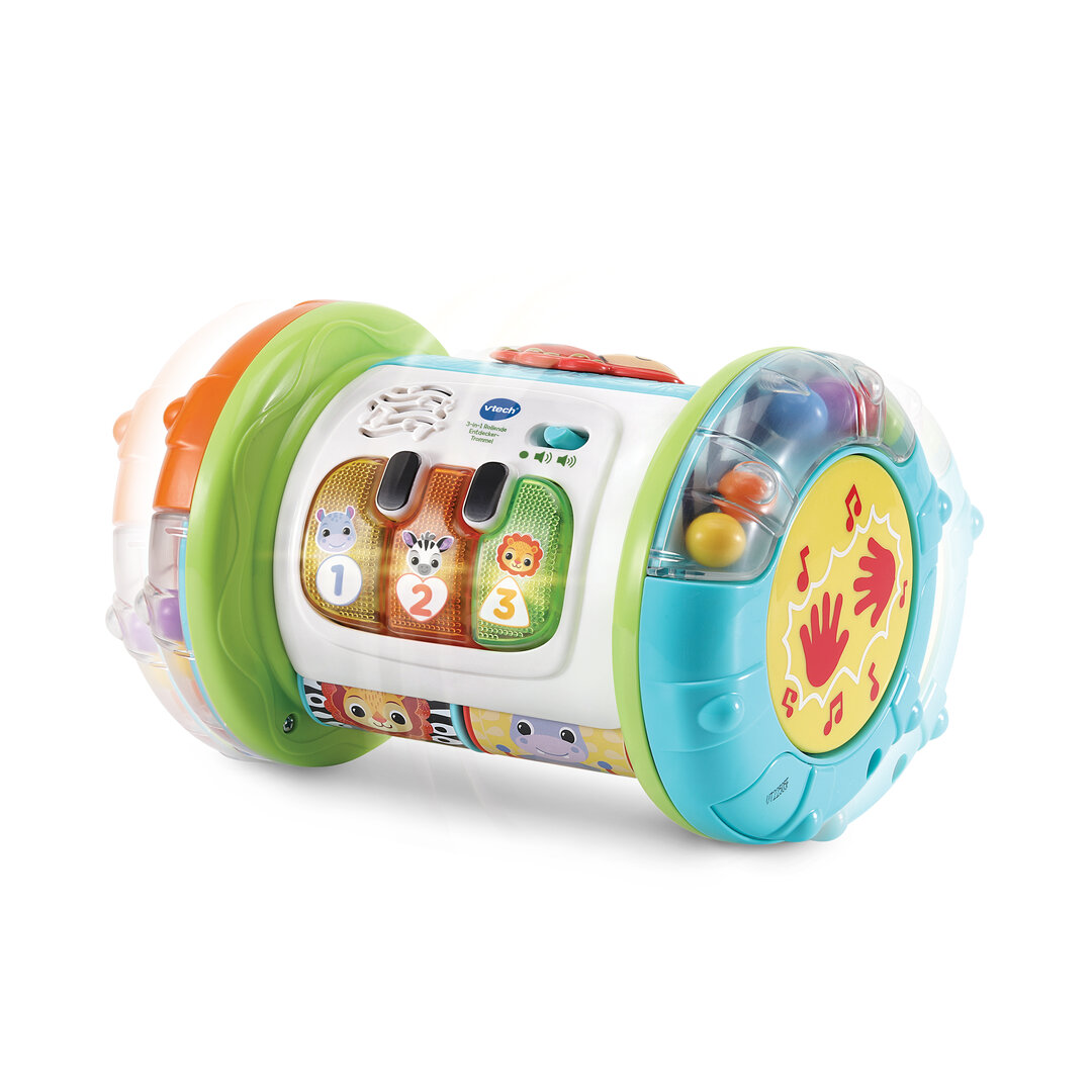VTech 3-in-1 Rollende Entdecker-Trommel in buntem Kunststoff  13,8×18,8 cm, Rollen, Trommeln, 5 Entdeckerseiten mit Leucht-Klavier, Musik 7 Lieder, 18 Melodien, Bewegungssensor, kindersicher, ab 9 Monaten, Spielzeug