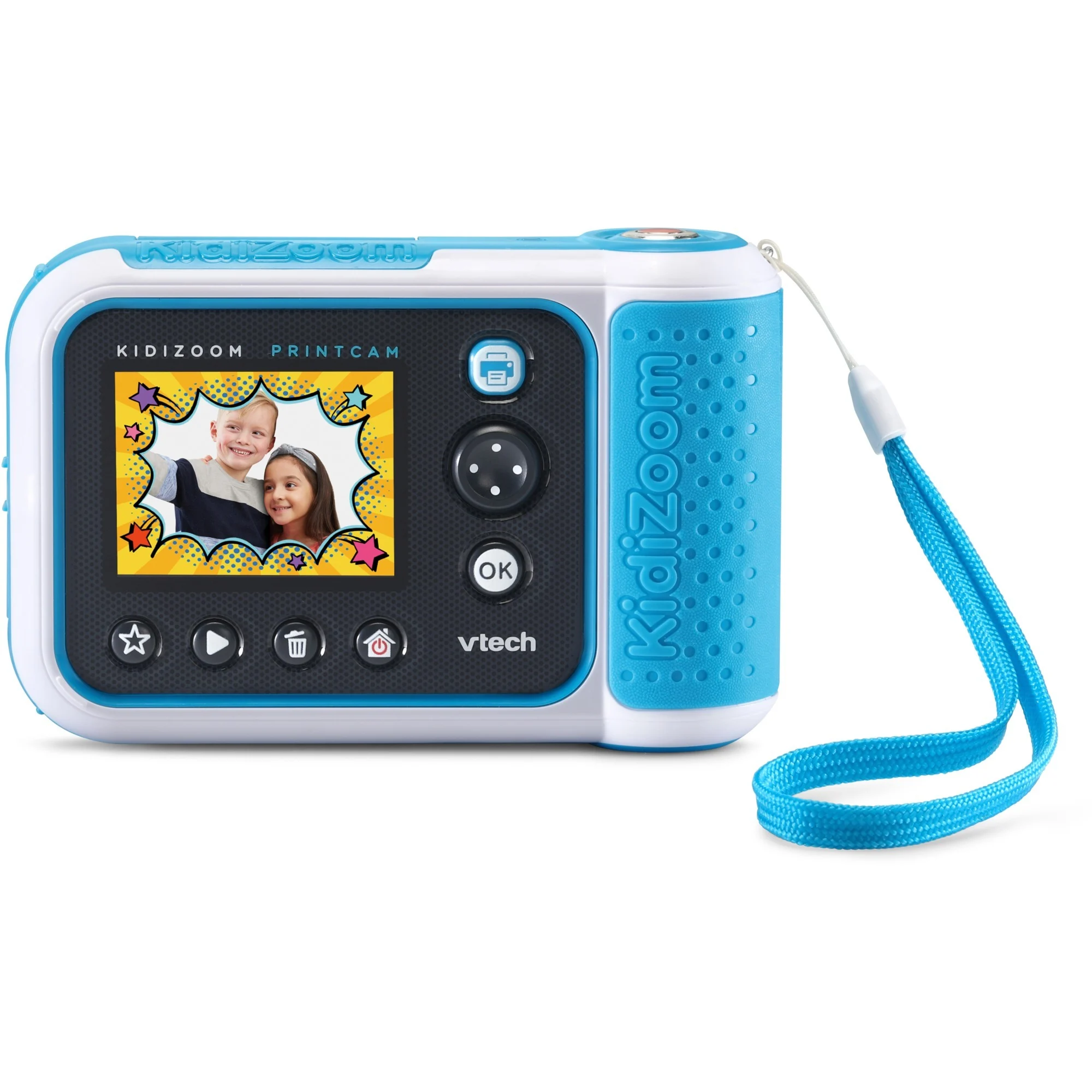 VTech KidiZoom Print Cam in Azurblau, Kunststoff-Kamera mit 2 MP, 4× Zoom, 2,4 Display, Thermodrucker, 60 Druckvorlagen, 40 Effekte, microSD-Slot, Akku-USB, ab 4 J.,
