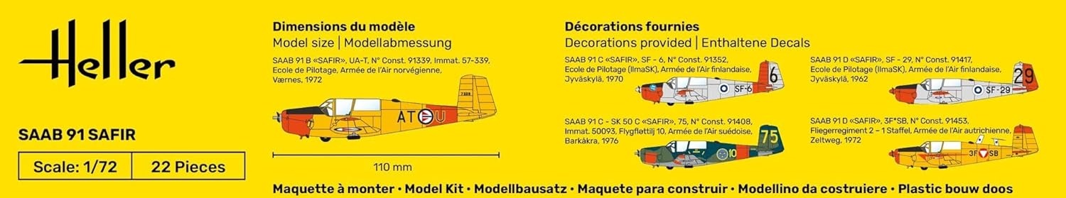 Heller Plastikmodell SAAB 91 Safir im Maßstab 1:72 Ref. 80287, detailliert, Bausatz ohne Kleber/Farbe, Verpackung ca. 23×13×5 cm, für Modellbauer ab 15 Jahren, Flugzeug, Transport, Fahrzeug