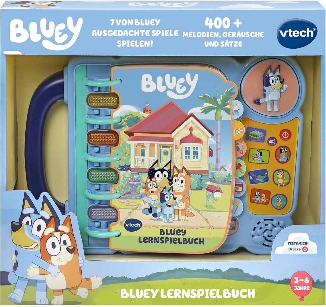 VTech Bluey Lernspielbuch aus Kunststoff im bunten Bluey-Design, mit Originalstimmen, 4 Spielmodi, Figuren- & Leuchttasten, Tragegriff, kindersicher & ab 3 J.,