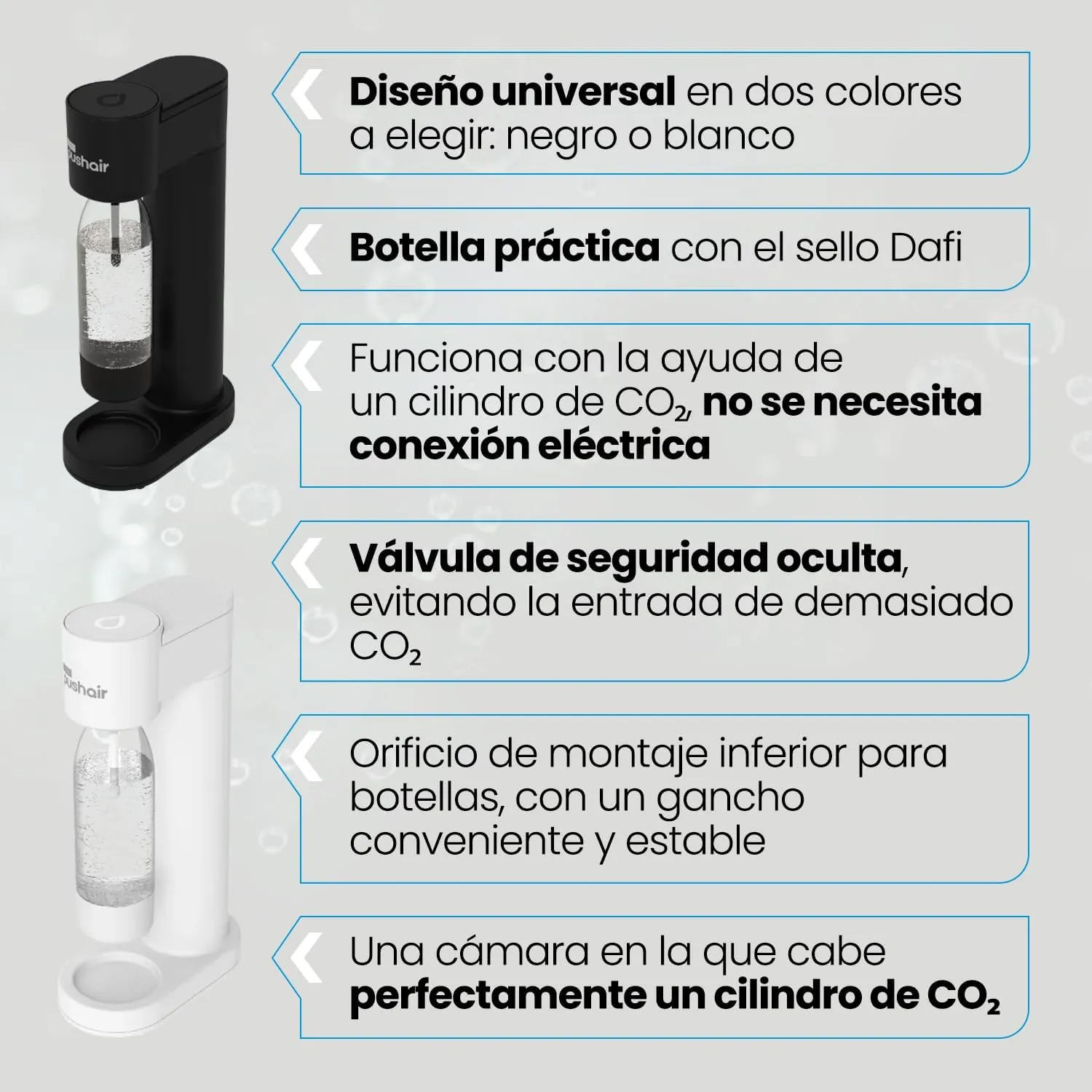 PEARLCO 079058 DAFI Wassersprudler Pushair inkl. CO₂-Zylinder und 0,7 l Flasche, Weiß