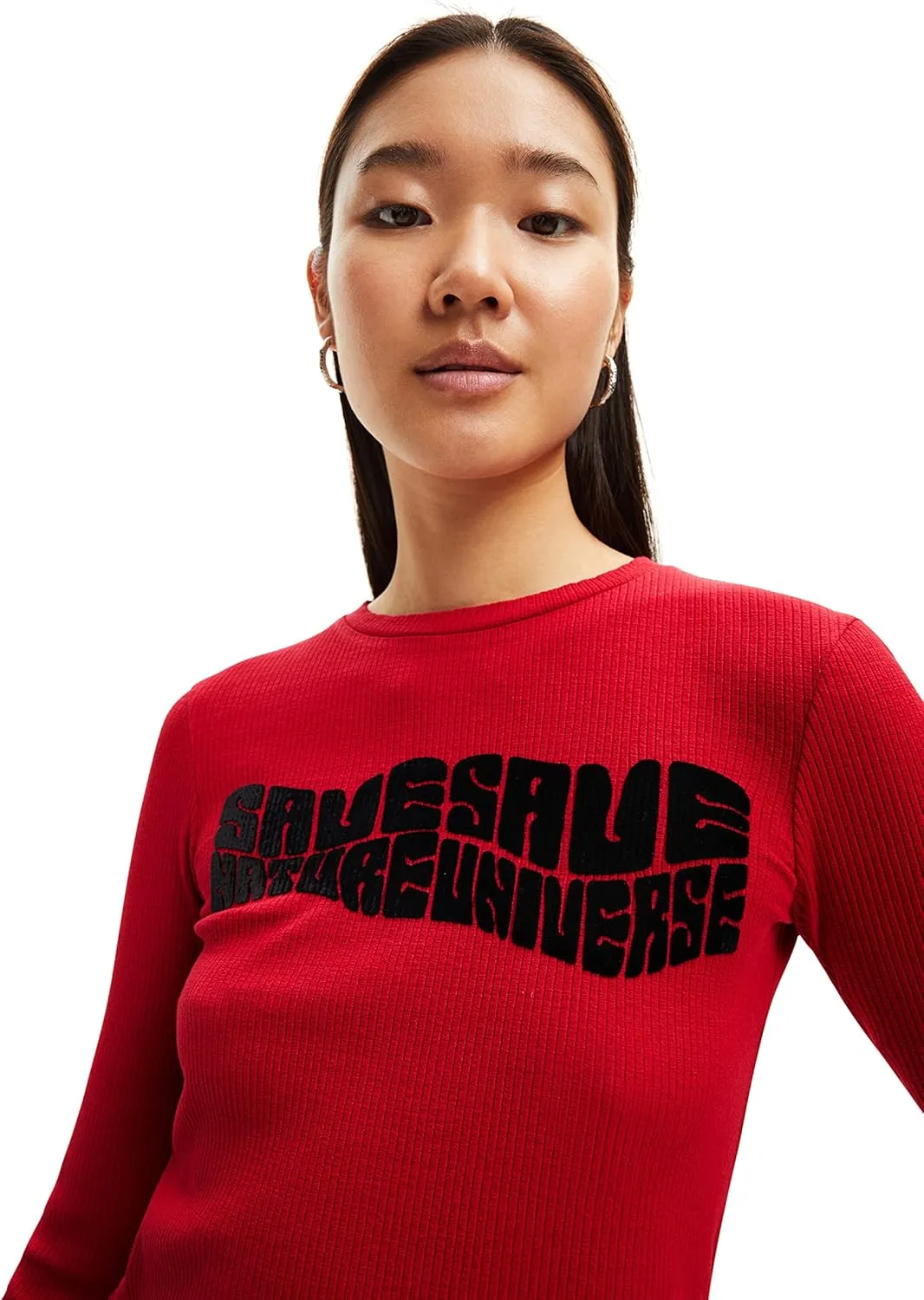 Desigual Damen Langarmshirt - Rotes Rippshirt mit Statement-Print 22WWTK933014 GR. XL