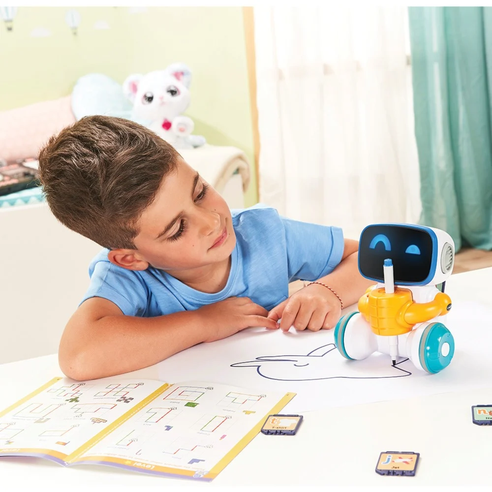 VTech Codi, der clevere Mal-Roboter aus Kunststoff -0,55 kg, 3 Modi Vorlage, Malen, Codieren, 15 Chipkarten, 99 Motive, LED-Augen, kindersicheres Batteriefach, ab 4 J.,
