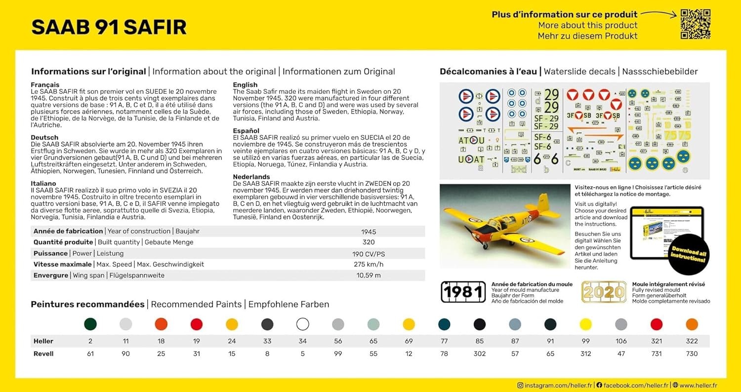 Heller Plastikmodell SAAB 91 Safir im Maßstab 1:72 Ref. 80287, detailliert, Bausatz ohne Kleber/Farbe, Verpackung ca. 23×13×5 cm, für Modellbauer ab 15 Jahren, Seite, Text, Flugzeug, Werbung, Plakat