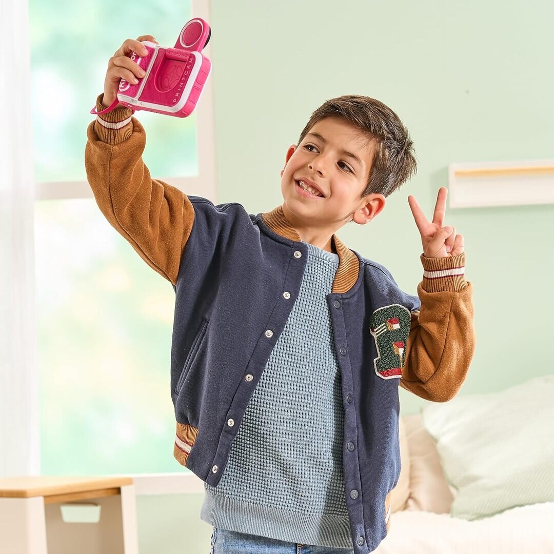 VTech KidiZoom Print Cam in Pink, robuste Kunststoff-Kamera mit 2 MP, 4× Zoom, Thermodrucker, 110 Druckvorlagen, 40 Effekte, LCD, microSD-Slot, Akku, ab 4 J.,
