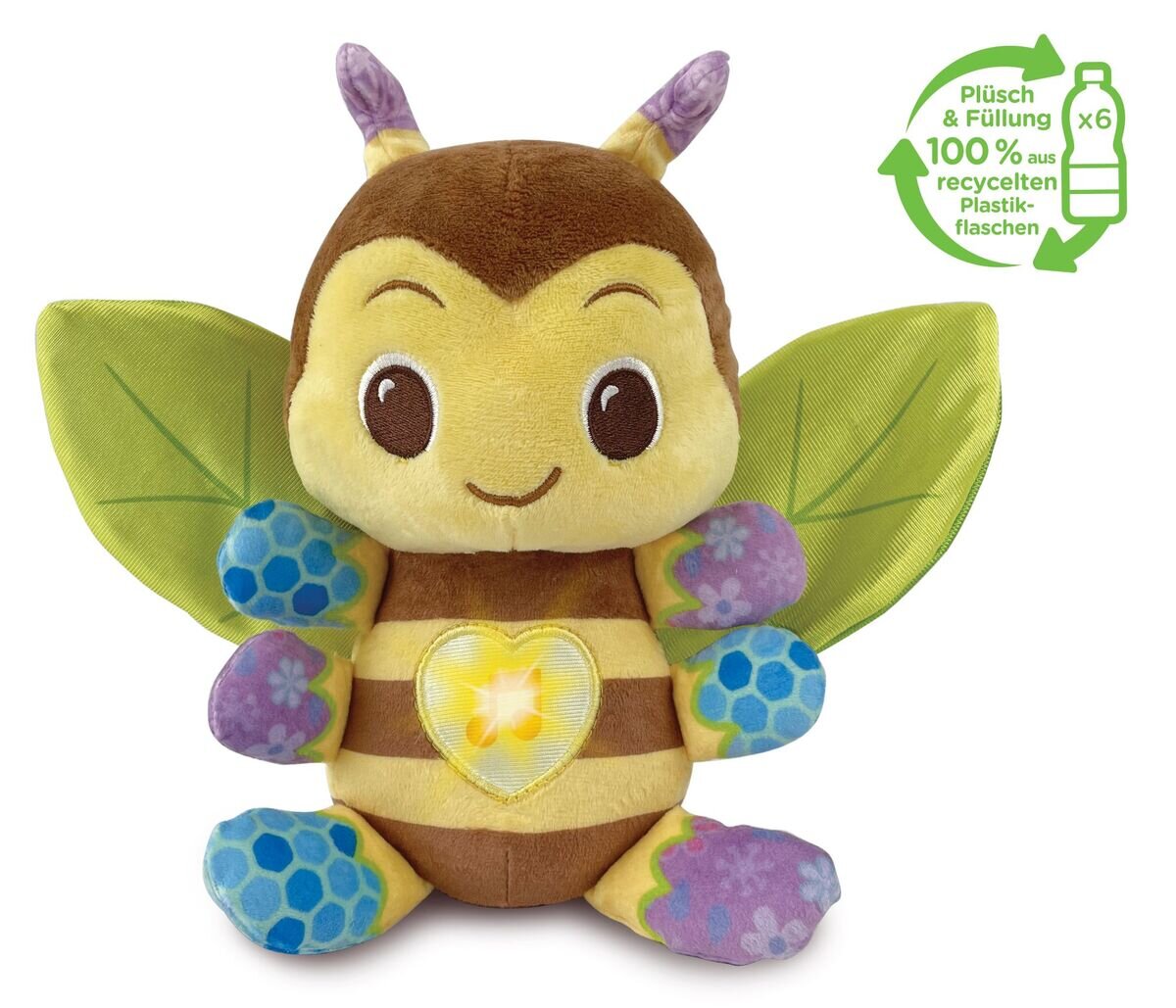 VTech Musik-Kuschelbiene aus recyceltem Plüsch 6 Plastikflaschen, leuchtende Herz-Taste, 2 Lieder & 30 Melodien, knisternde Flügel, waschbar, kindersicher ab 3 Monaten,