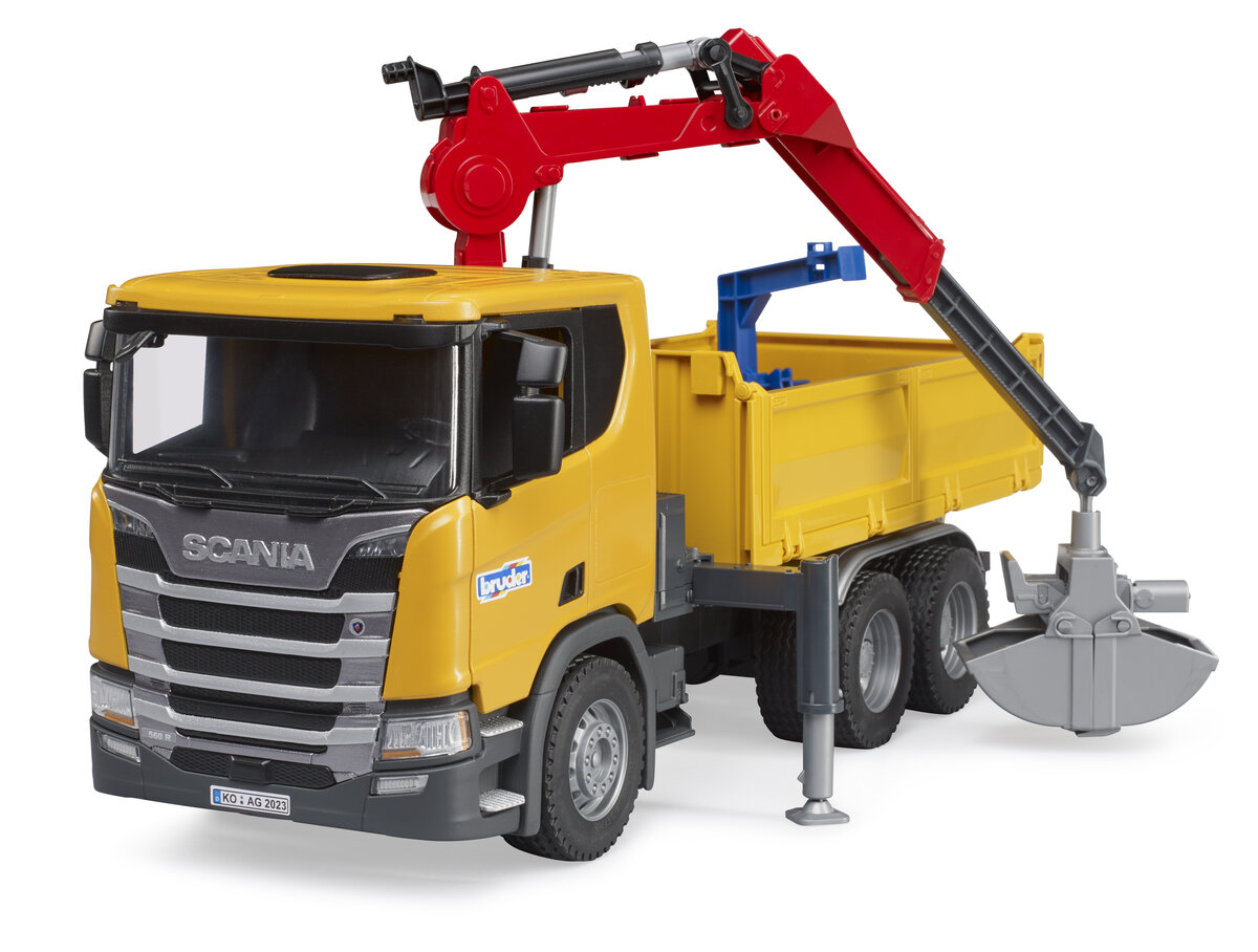 Bruder 03551 Scania Super 560R Baustellen-LKW mit Kran und 2 Paletten Transport, Lastwagen, Fahrzeug, Maschine, Rad