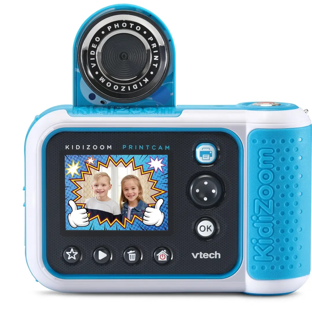 VTech KidiZoom Print Cam in Azurblau, Kunststoff-Kamera mit 2 MP, 4× Zoom, 2,4 Display, Thermodrucker, 60 Druckvorlagen, 40 Effekte, microSD-Slot, Akku-USB, ab 4 J.,