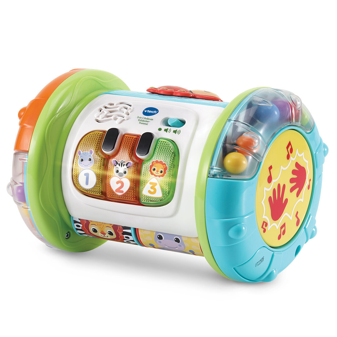 VTech 3-in-1 Rollende Entdecker-Trommel in buntem Kunststoff  13,8×18,8 cm, Rollen, Trommeln, 5 Entdeckerseiten mit Leucht-Klavier, Musik 7 Lieder, 18 Melodien, Bewegungssensor, kindersicher, ab 9 Monaten, Spielzeug