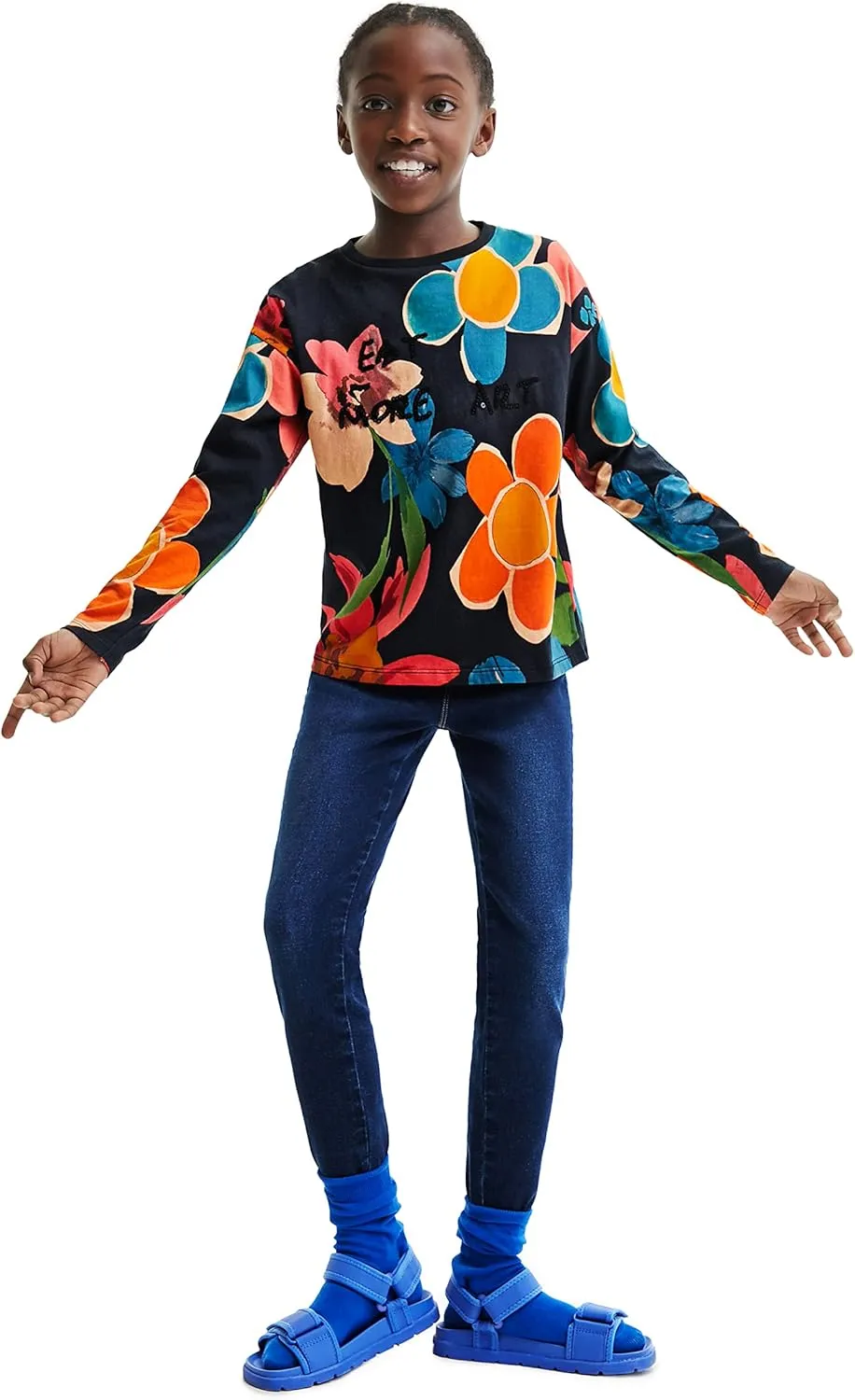 Desigual Mädchen Langarmshirt - Schwarz mit buntem Blumenmuster 22WGTK142000/7