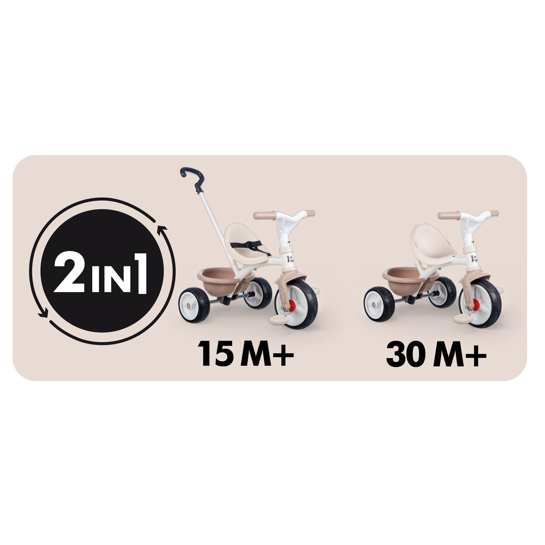 Smoby Be Move Tricycle Beige 2-in-1 mit ergonomischem Sitz, Sicherheitsgurt, verstellbarer Elternstange bis 95 cm, Free-Wheel, Leichtlaufräder, beige, ca. 68×52×52 cm, Roller, Transport, Fahrzeug, Rasenmäher, Werkzeug
