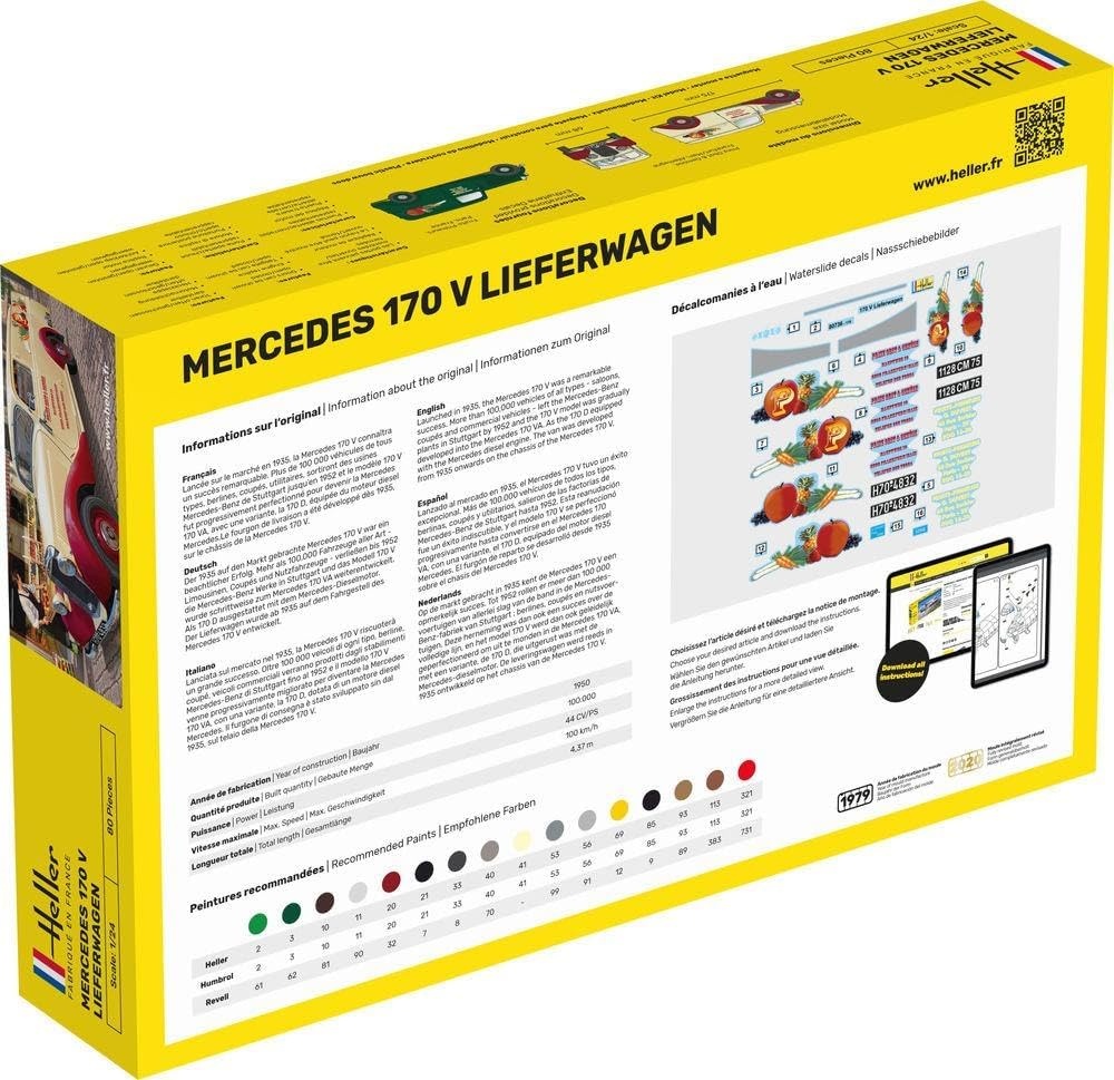 Heller Mercedes 170 V Lieferwagen Prinz Obst & Gemüse Modellbausatz im Maßstab 1:24, Bausatz ohne Kleber/Farbe, Box ca. 38×7×25 cm, für Modellbauer ab ca. 14 Jahren, Seite, Text, Seite, Text