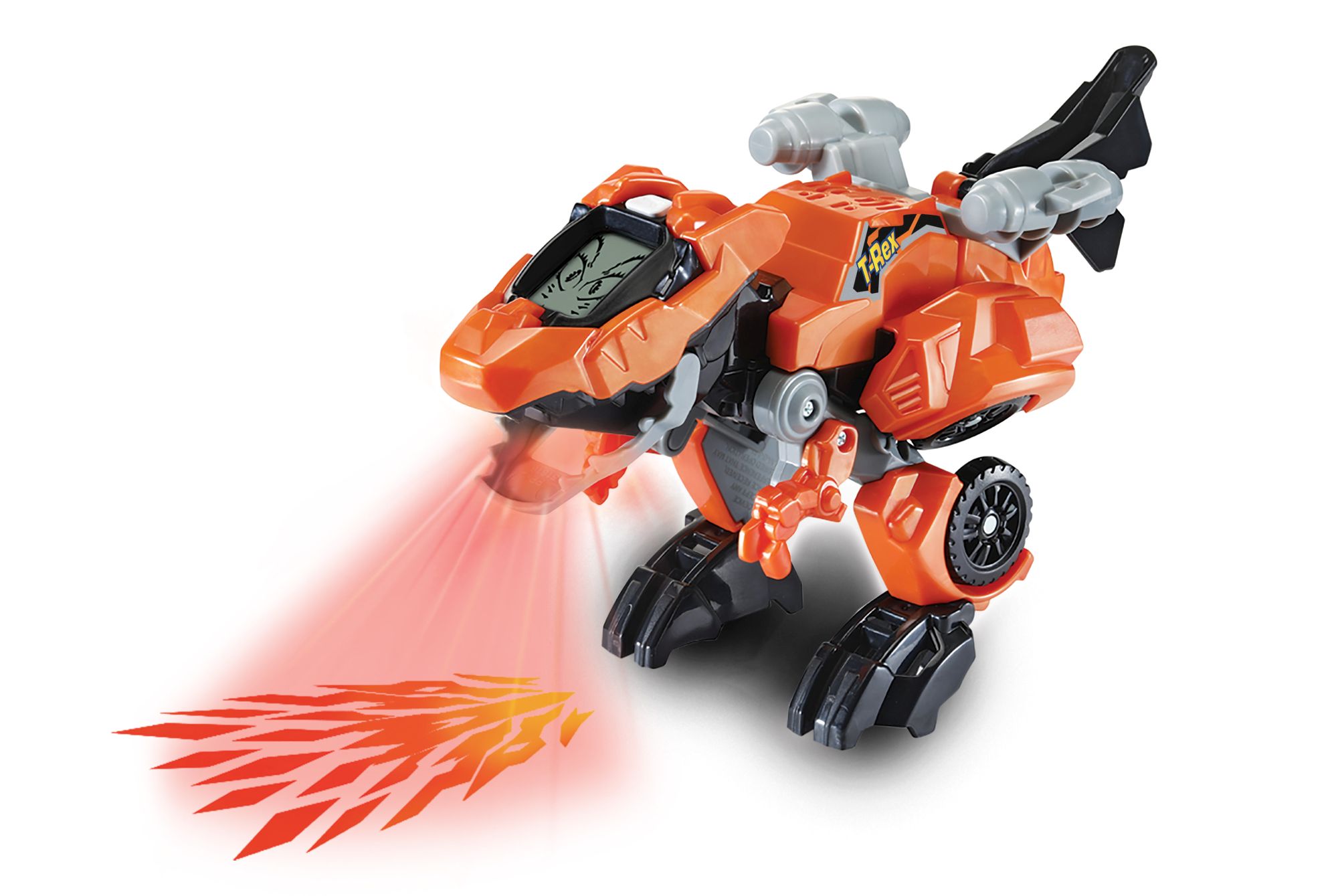 VTech Switch & Go Dinos Fire-T-Rex: transformierbarer Dino/Auto mit LCD-Animation, feuerspuckenden Lichtprojektionen Dino/Auto, Dinosaurerstimme & Soundeffekten, Lautstärkeregler, kindersicheres Batteriefach, ab 3 Jahren,