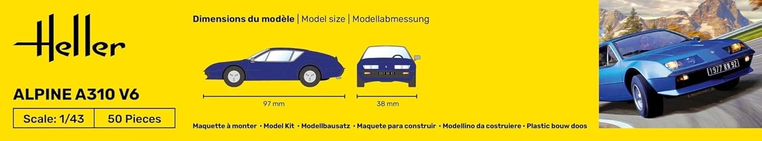 Heller Starter Kit Alpine A310 V6 1:43 Bausatz mit Pinsel, Farbe und Kleber, modellierfreundlich, Detailmaßstab 97×38 mm, ab ca. 15 Jahren, Werbung, Auto, Coupé, Plakat, Nummernschild, Werbung, Auto, Coupé, Plakat, Nummernschild