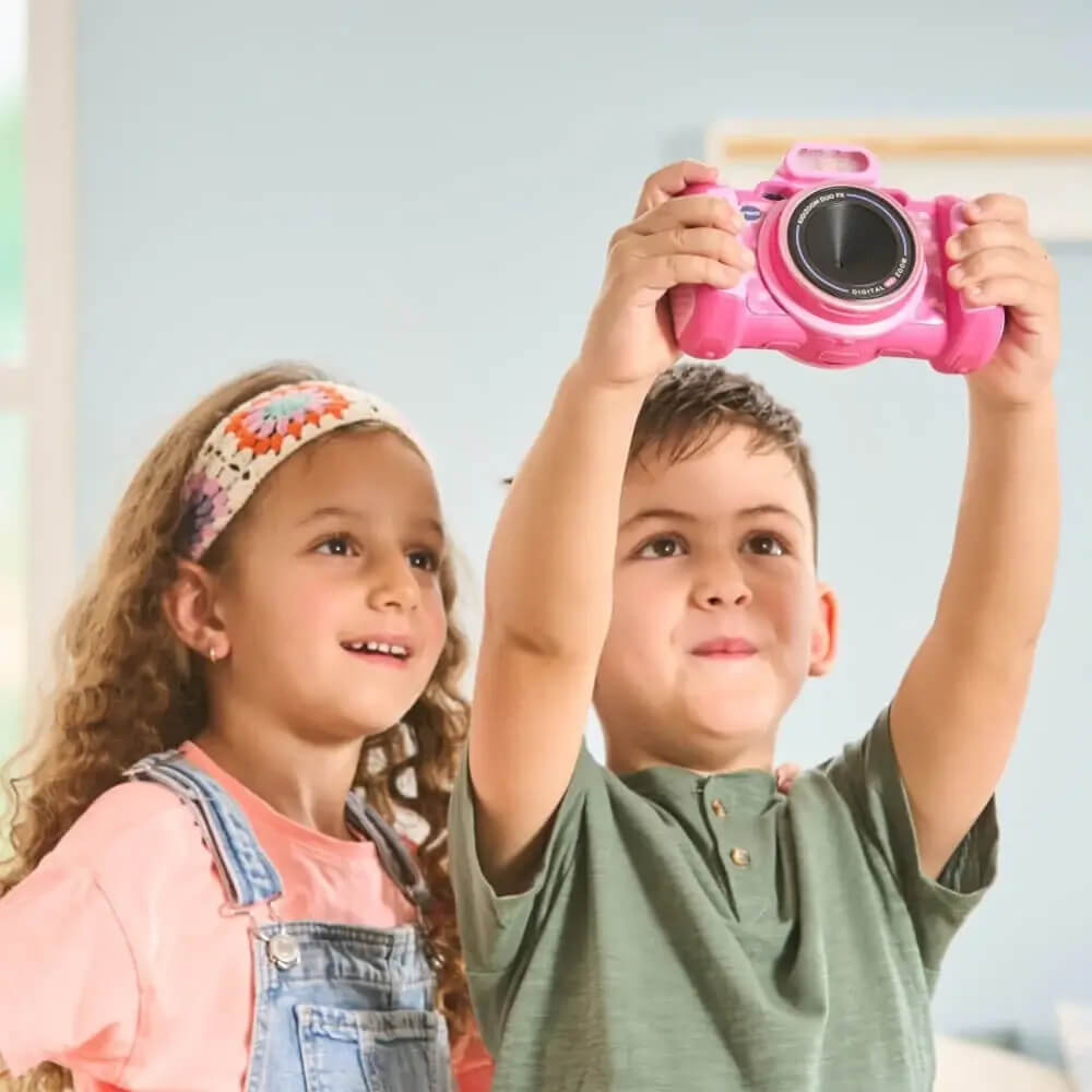 VTech KidiZoom Duo FX pink mit Front- & Rückkamera 5 MP/2 MP, 4× Zoom, Touchscreen, 7 Kreativ-Apps Comics, Animation, Films, Spiele, Musik-Player, USB/Audio-Anschluss, ab 4 Jahren,