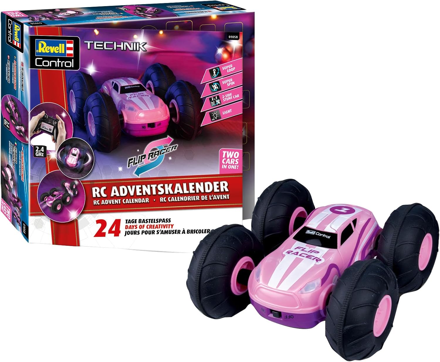 Revell Control RC Adventskalender – Flip Racer Pink (01058) mit LED‑Spielsportwagen und 2,4 GHz Fernsteuerung