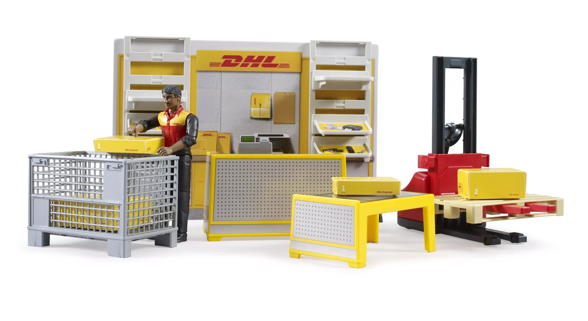 Bruder 62251 bworld DHL Shop mit Handhubstapler Erwachsener, Männlich, Mann, Person, Tabelle