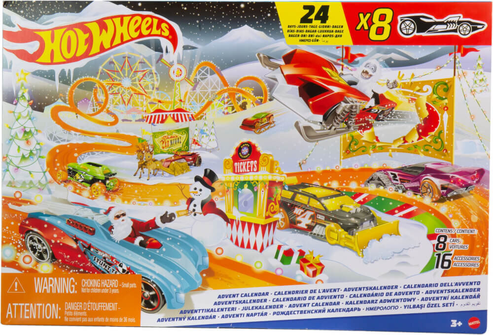 Hot Wheels Adventskalender – 8 Hot Wheels‑Fahrzeuge und 16 winterliche Zubehörteile im Maßstab 1:64, inklusive Spielmatte, Werbung, Plakat, Rad, Auto, Spielzeug